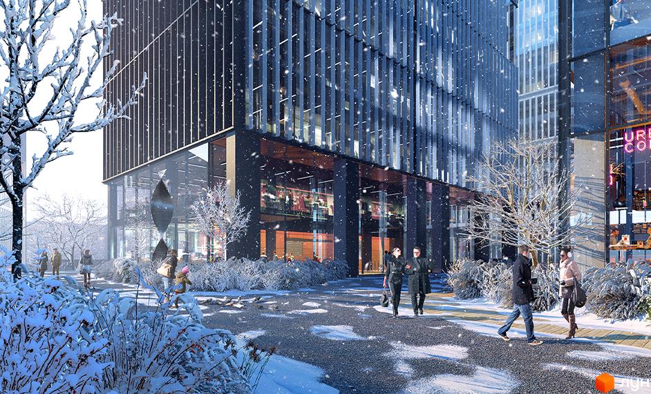 NUVO BUSINESS PARK - сучасний бізнес-центр з панорамним склінням та зимовим ландшафтом навколо. На території бізнес-парку розташовані дерева, кущі та пішохідні доріжки, що створюють затишну атмосферу.