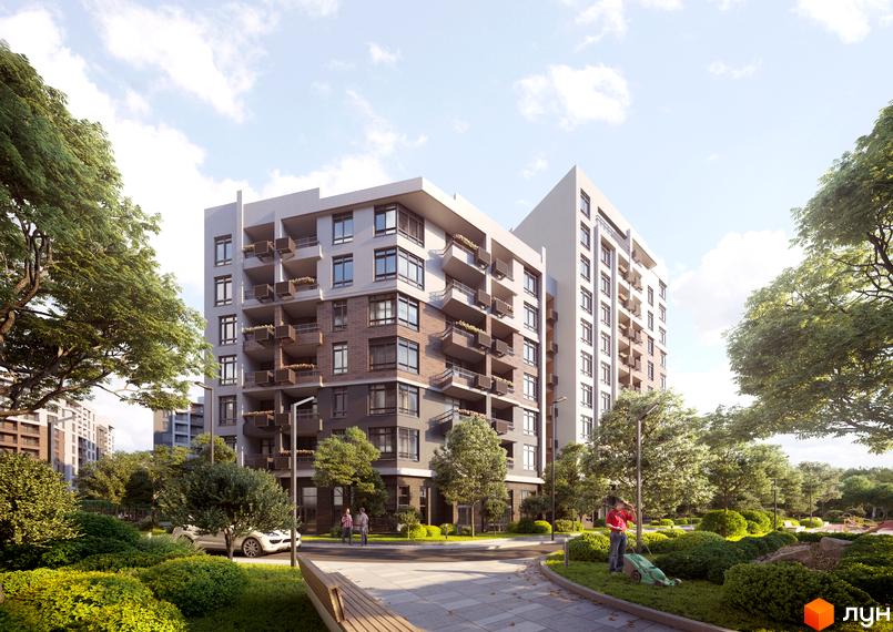 Житловий комплекс Синергія Сіті від Kvartal Group. Сучасна архітектура будівель та доглянута прибудинкова територія з зеленими насадженнями та місцями для відпочинку.