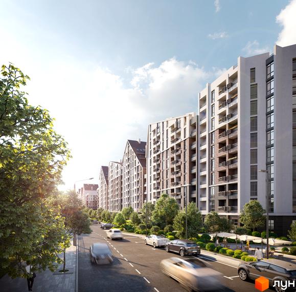 Синергія Сіті – житловий комплекс з багатоповерховими будинками та упорядкованою прибудинковою територією з деревами та зонами відпочинку.