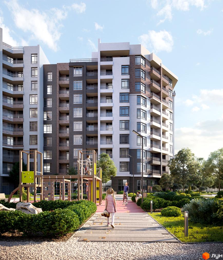 Житловий комплекс Синергія Сіті від Kvartal Group: багатоповерхові будинки з балконами та дитячий майданчик на прибудинковій території.