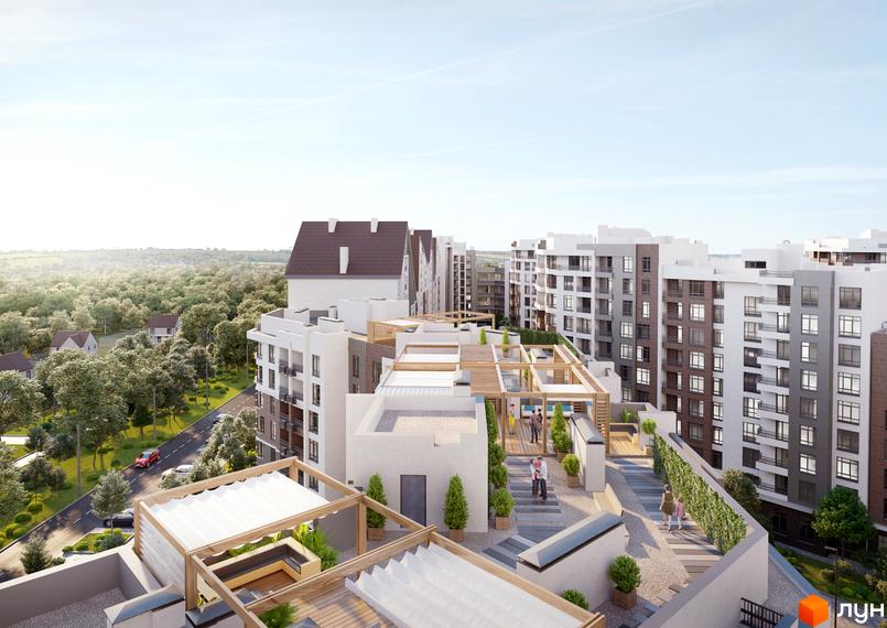 Зовнішній вигляд житлового комплексу Синергія Сіті з терасами та зонами відпочинку на дахах. Навколо комплексу зелена зона та дороги.