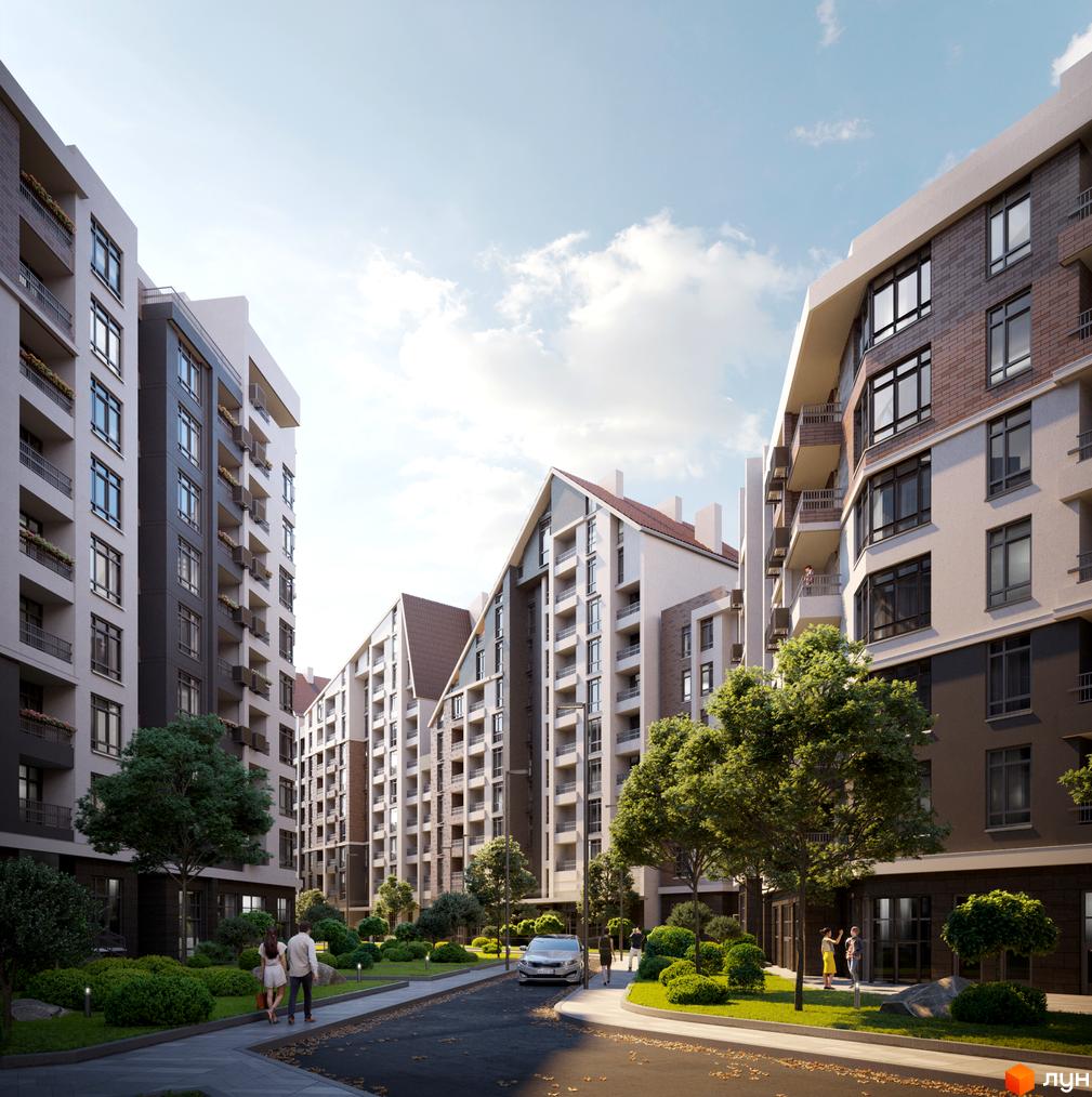 Житловий комплекс Синергія Сіті: фасади будівель з балконами та вікнами, зелена прибудинкова територія з доріжками та деревами.