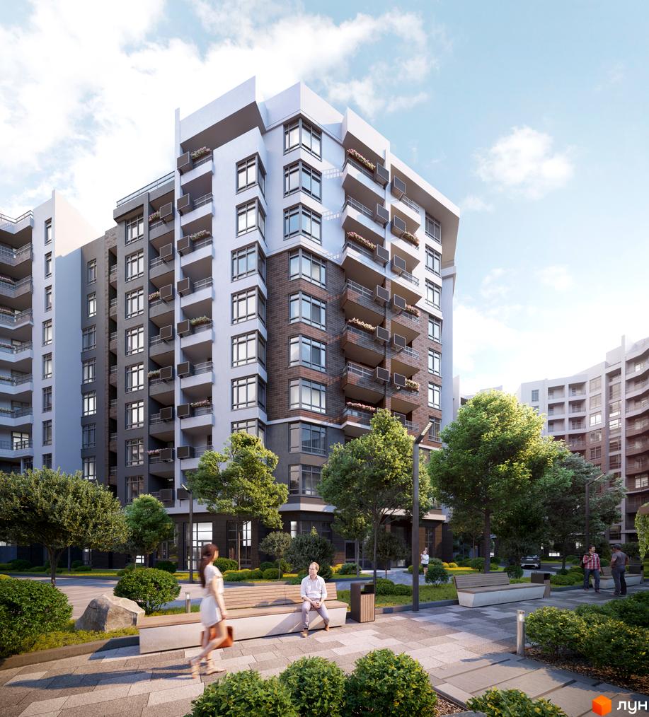 Зовнішній вигляд житлового комплексу Синергія Сіті з балконами та вікнами, прибудинкова територія з лавками та деревами.