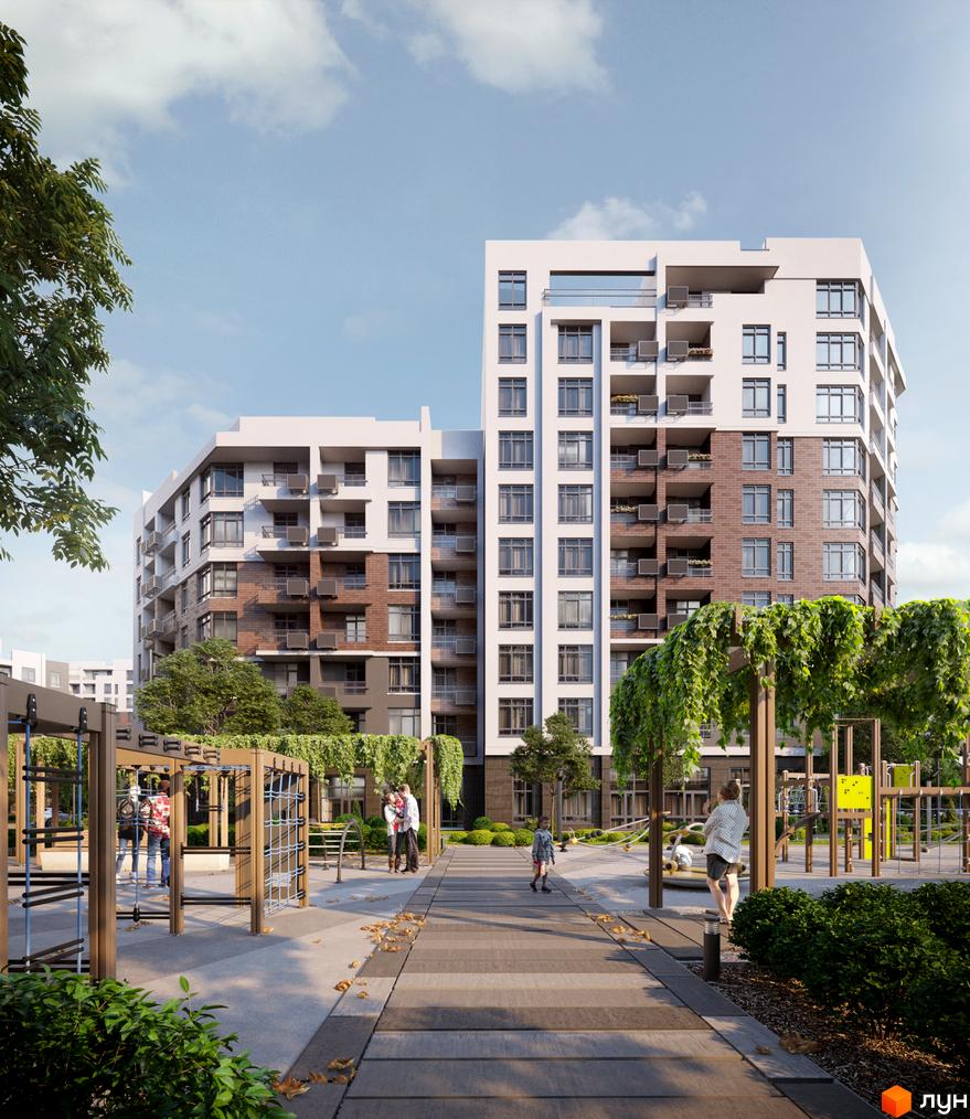 Житловий комплекс Синергія Сіті з цегляним та білим фасадом, балконами та дитячим майданчиком з елементами для спорту.