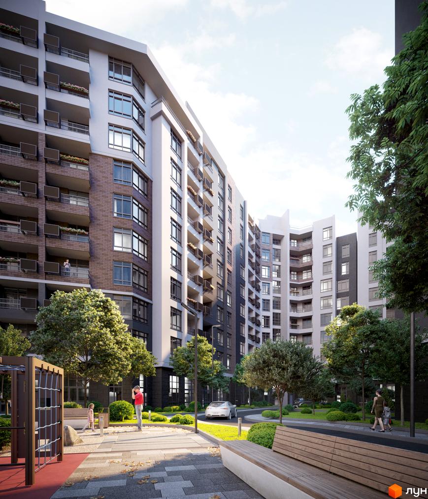 Житловий комплекс Синергія Сіті з фасадами з цегли та великими вікнами, з дитячим майданчиком та ландшафтним дизайном.