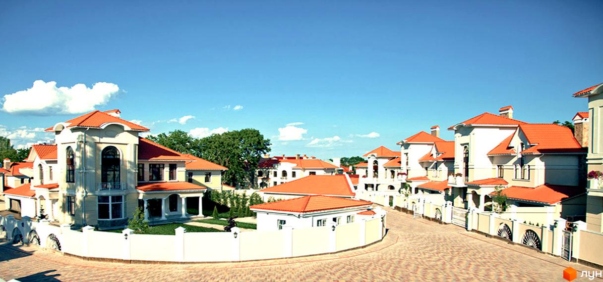 Зовнішній вигляд котеджного містечка КМ Оазис з червоними дахами та прибудинковою територією з зеленими насадженнями.