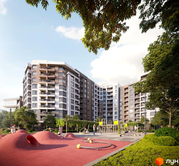 Житловий комплекс Синергія Сіті від Kvartal Group з вигнутим фасадом та балконами, дитячим майданчиком та зеленими зонами.