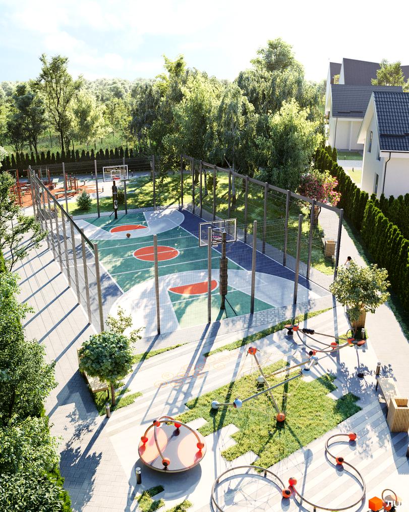 Котеджне містечко КМ Balukhova Hills: сучасний баскетбольний майданчик та дитячий майданчик з елементами для активного відпочинку. Зелена територія та приватні будинки.