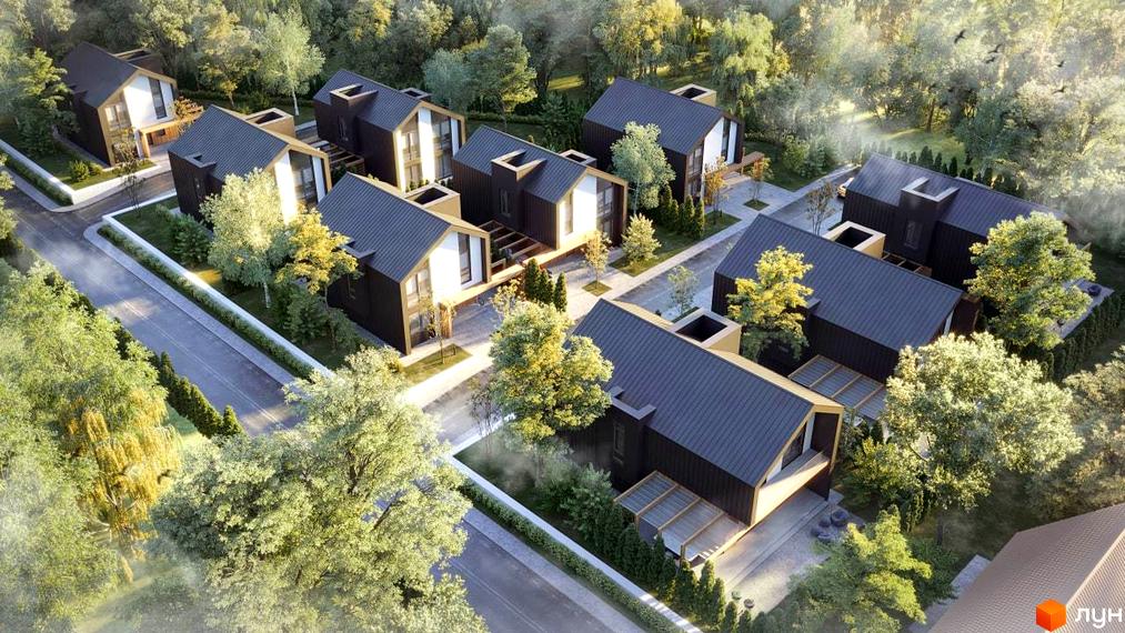 Котеджне містечко Balukhova Hills: сучасні будинки з темними фасадами та сірими дахами, розташовані серед дерев. Прибудинкова територія з доглянутими газонами та доріжками.