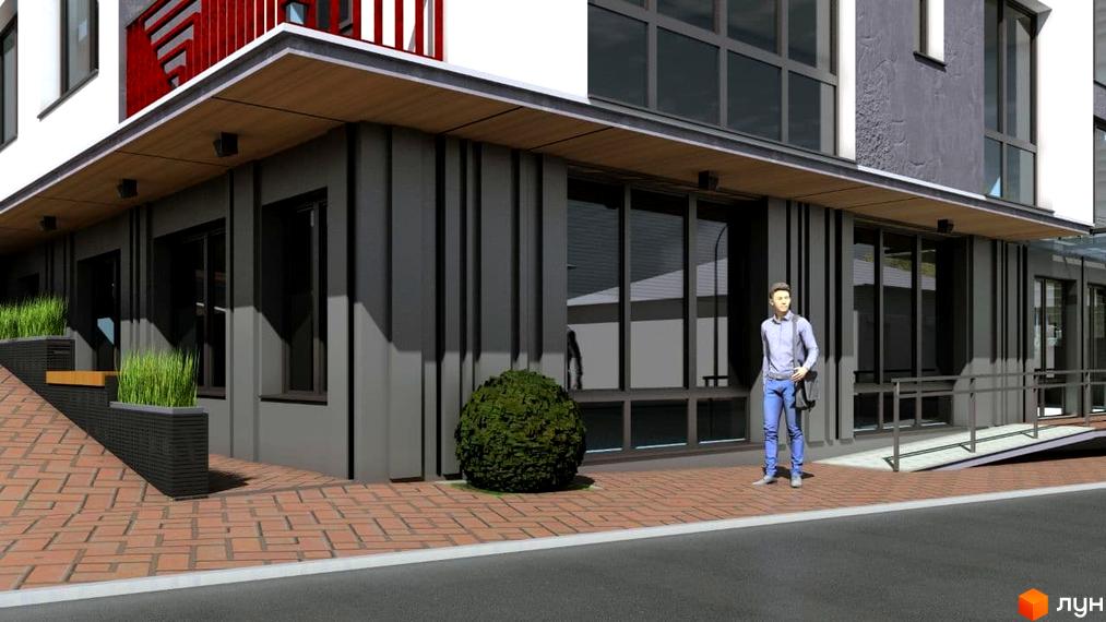 Зовнішній вигляд новобудови ЖК Неосіті з елементами сірого фасаду та великими вікнами. Прибудинкова територія з брукованою доріжкою та зеленню.