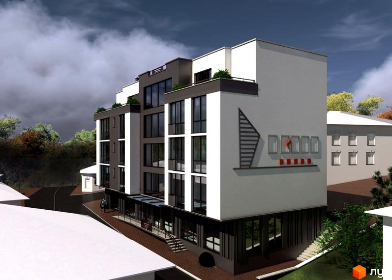 Новобудова ЖК Неосіті з фасадом з білих та темних панелей, великими вікнами та балконами. Прибудинкова територія з зеленими насадженнями та доріжками.