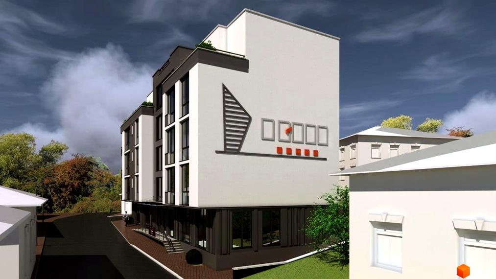 Зовнішній вигляд новобудови ЖК Неосіті з вікнами та декоративними елементами на фасаді. Навколо будівлі розташована прибудинкова територія з деревами та дорогою.