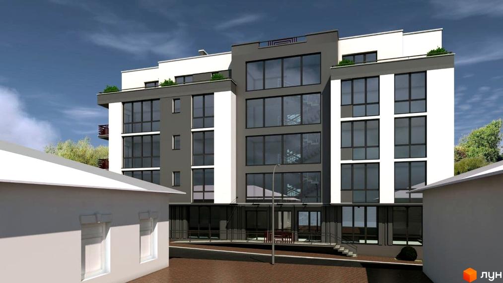 Зовнішній вигляд новобудови ЖК Неосіті з великими вікнами та балконами. Навколо будинку розташована бруківка та зелені насадження.