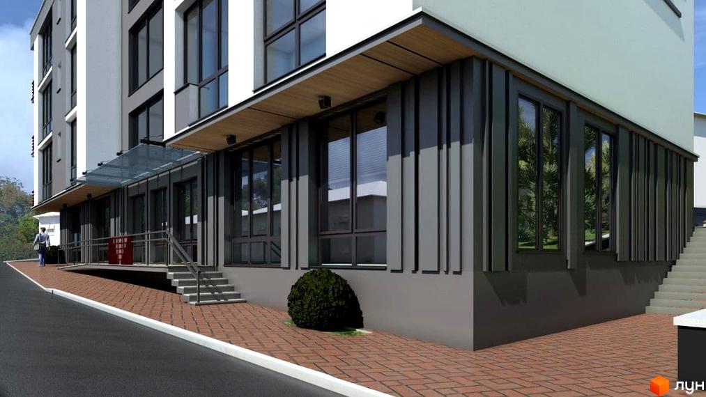 Зовнішній вигляд новобудови ЖК Неосіті з панорамними вікнами та дерев'яними елементами фасаду. Поруч розташована брукована доріжка та зелений кущ.