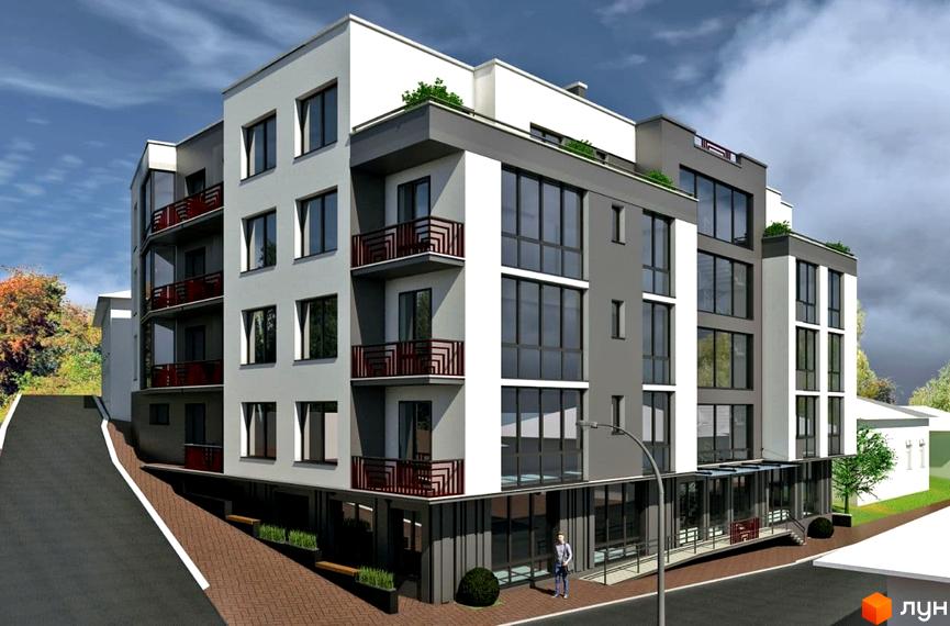 Зовнішній вигляд новобудови ЖК Неосіті з сірими та білими фасадами, балконами та великими вікнами. Прибудинкова територія з дорогою та зеленими насадженнями.