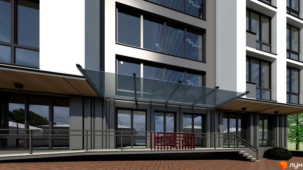 Зовнішній вигляд новобудови ЖК Неосіті з скляним навісом та сходами. Територія біля будинку з червоною огорожею та деревами.