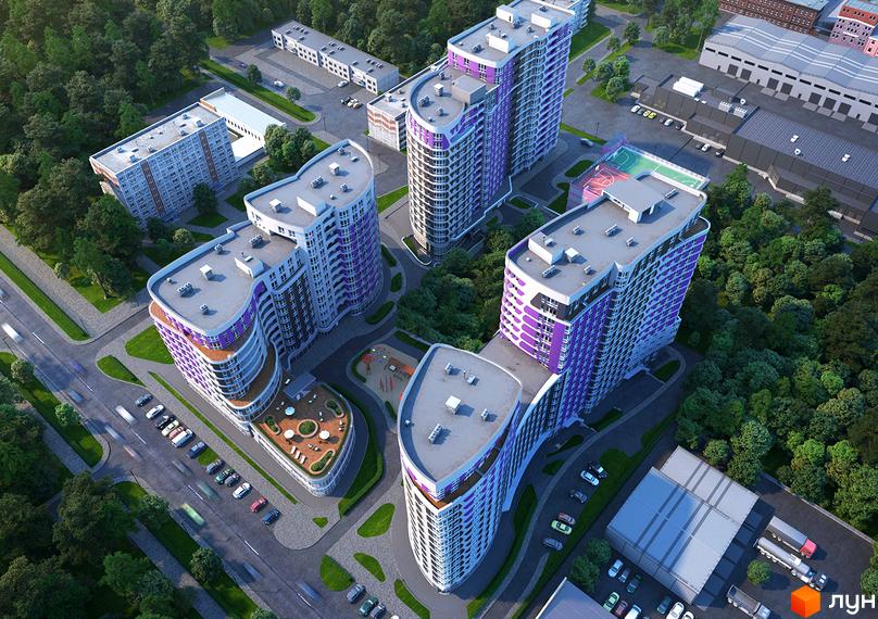 Зображення комплексу Парус Smart з висоти пташиного польоту. Вигляд на багатоповерхові будинки та прибудинкову територію.