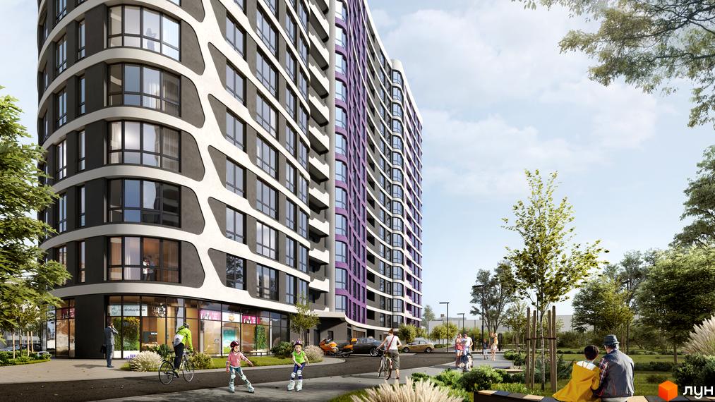 Житловий комплекс Парус Smart з вигнутим фасадом у сіро-білих та фіолетових тонах. Прибудинкова територія з зеленими насадженнями та людьми.