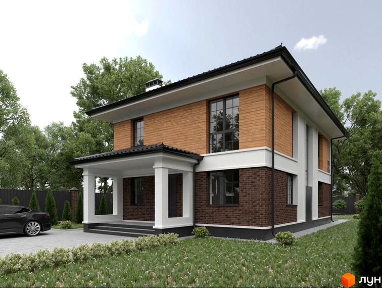 КМ Realist: двоповерховий будинок з цегляним та дерев'яним оздобленням фасаду, з навісом над входом та доглянутою прибудинковою територією.