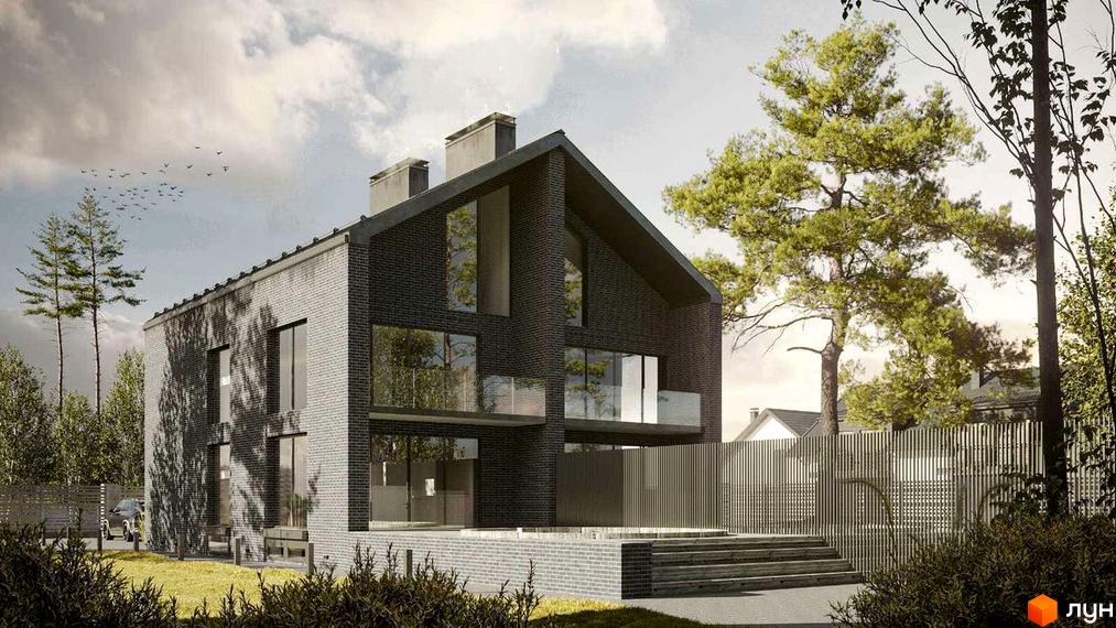 Котеджне містечко КМ Realist: двоповерховий будинок з темної цегли з великими вікнами та скляними балконами, оточений деревами та огороджений парканом.