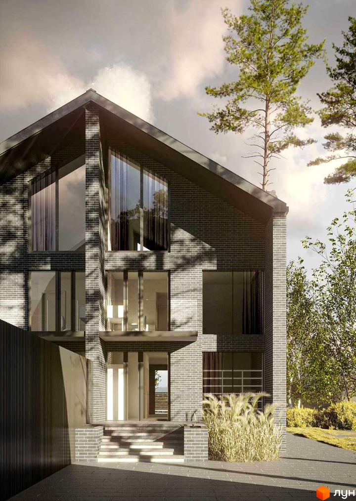 Котеджне містечко КМ Realist: двоповерховий будинок з сірої цегли з великими вікнами та сходами, оточений деревами та доглянутою територією.