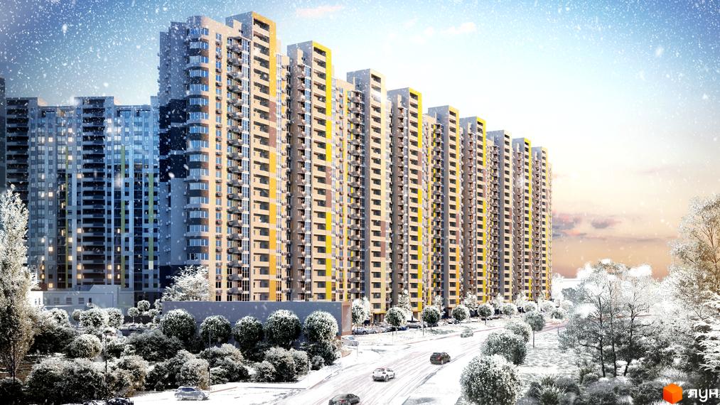 Житловий комплекс Голосіївська Долина. Багатоповерхові будинки з яскравими фасадами та балконами, оточені засніженими деревами та кущами. Новобудова взимку.