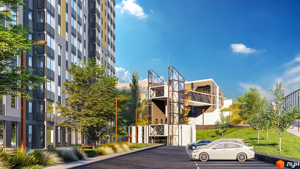 Житловий комплекс Голосіївська Долина. Зовнішній вигляд новобудови з скляними елементами та прибудинковою територією з парковкою та зеленими насадженнями.