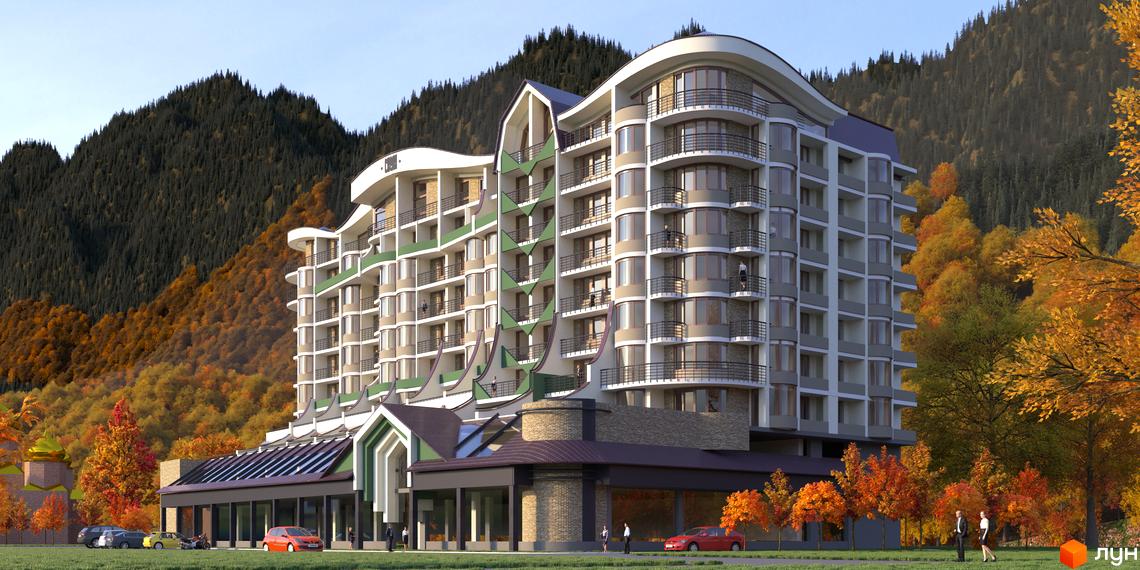 Багатоповерховий житловий комплекс Скеля з хвилястими фасадами та балконами, розташований серед осінніх гір та дерев.
