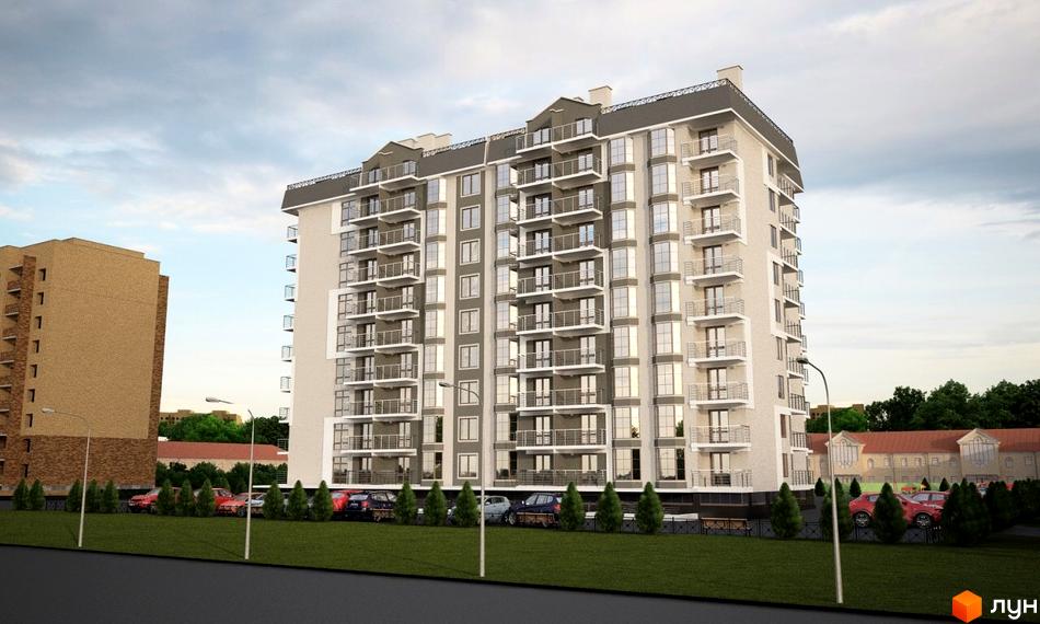 Сучасний житловий комплекс Хмельницький з численними балконами та парковкою біля будинку. Навколо будинку зелена зона та дерева.