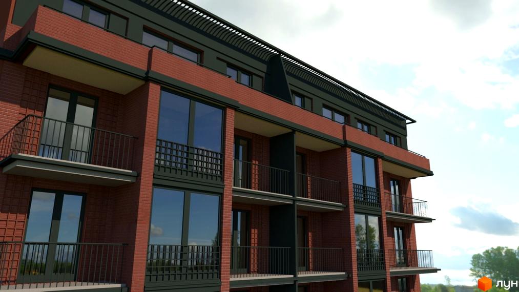 Зовнішній вигляд житлового комплексу Central Apart House з червоної цегли та великими вікнами. Сучасна архітектура будинку з балконами.
