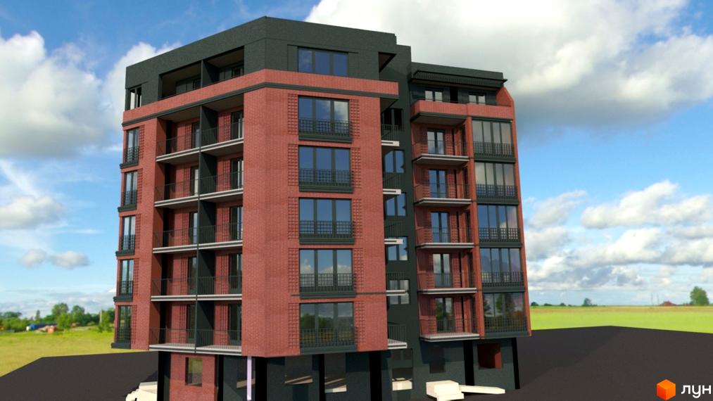 Багатоповерховий будинок Central Apart House з червоної цегли та темними елементами, балконами та вікнами. Розташований на тлі зеленого поля та хмарного неба.