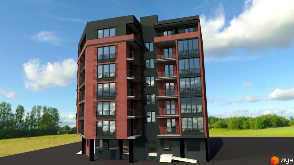 Зовнішній вигляд новобудови Central Apart House з червоної цегли та темними фасадами. Навколо зелена територія з деревами.