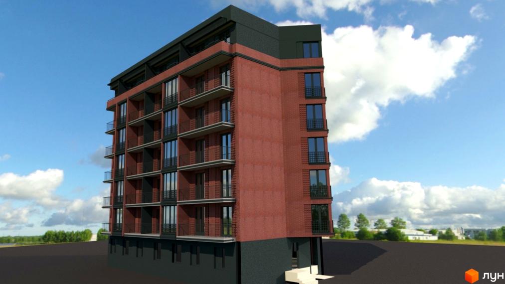 Зовнішній вигляд багатоповерхового будинку Central Apart House з червоної цегли та темними елементами фасаду. Навколо будинку видно зелені насадження та хмарне небо.