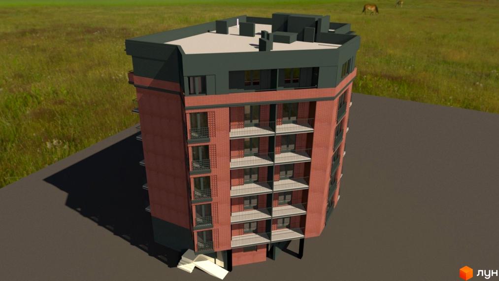 Зовнішній вигляд будинку Central Apart House з цегляним фасадом та балконами. Навколо будинку зелена галявина з травою та двома кіньми.