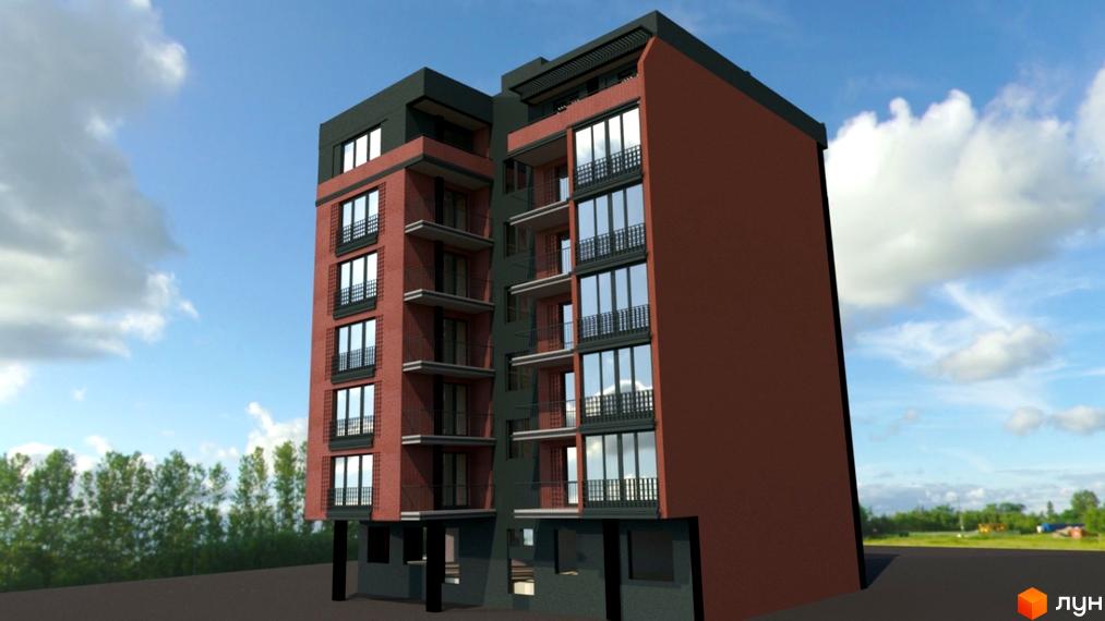 Зовнішній вигляд житлового комплексу Central Apart House з цегляним фасадом та великими вікнами. Навколо будівлі зелені дерева та хмарне небо.