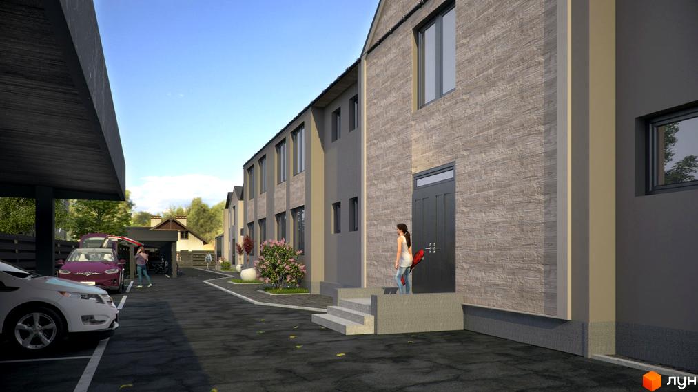 Зовнішній вигляд котеджного містечка КМ New Smart з парковкою та зеленими зонами. Будинки мають сіре оздоблення фасаду та великі вікна.