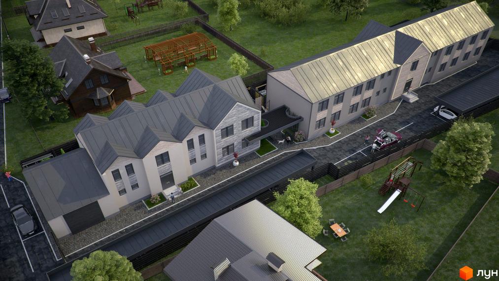 Котеджне містечко КМ New Smart. Зовнішній вигляд будинків та прибудинкова територія з дитячим майданчиком.