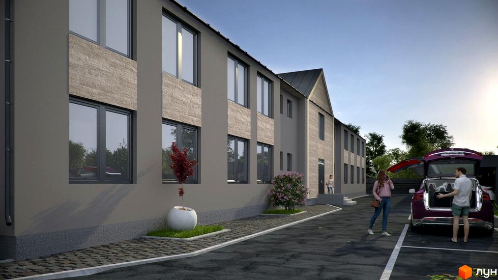 Зовнішній вигляд будинку КМ New Smart з сірим фасадом та великими вікнами. Прибудинкова територія з парковкою та зеленими насадженнями.