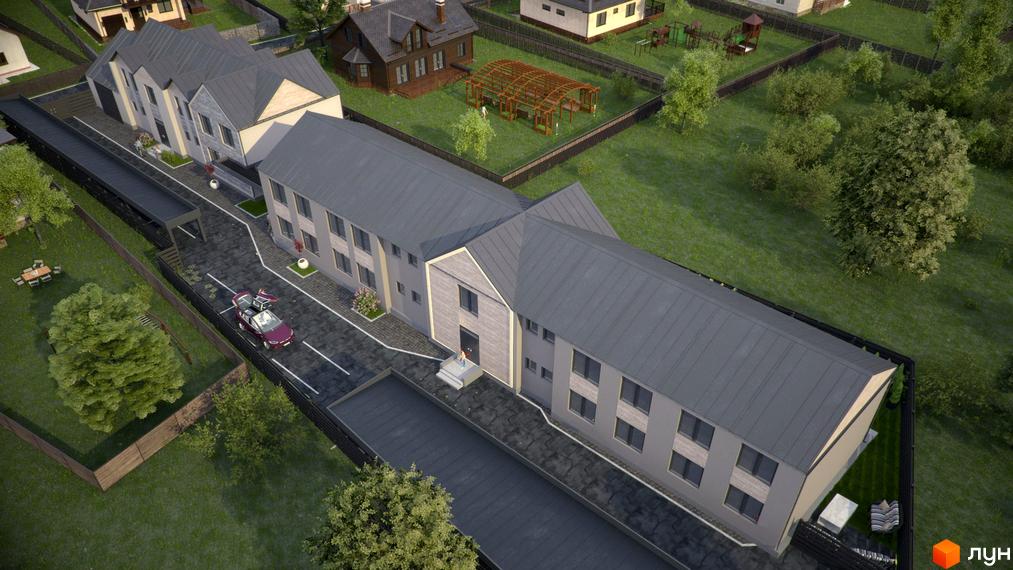 КМ New Smart - це новий житловий комплекс з сучасними будинками та доглянутою прибудинковою територією. На зображенні видно фасади будівель, парковку з електромобілем та зелену зону.