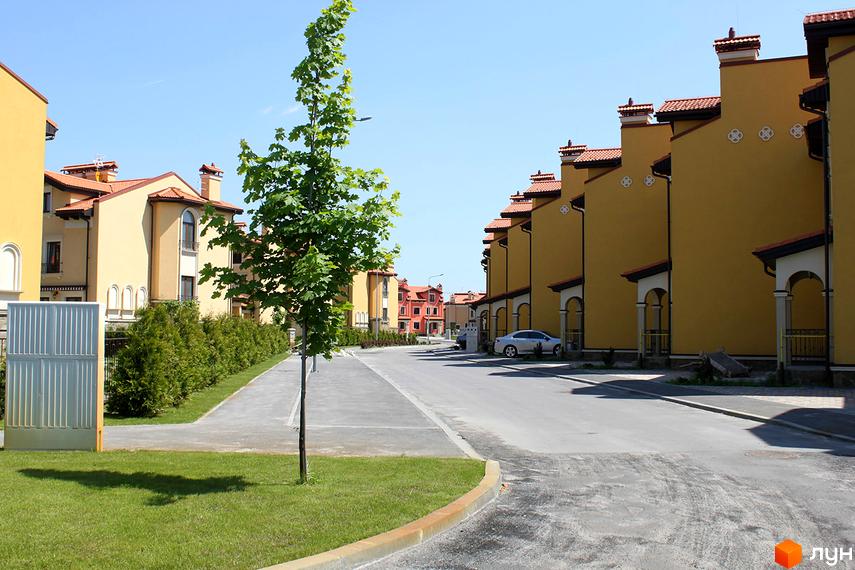 Котеджне містечко КМ Італійський квартал з жовтими фасадами та червоними дахами. Навколо комплексу зелені насадження та доглянута прибудинкова територія.