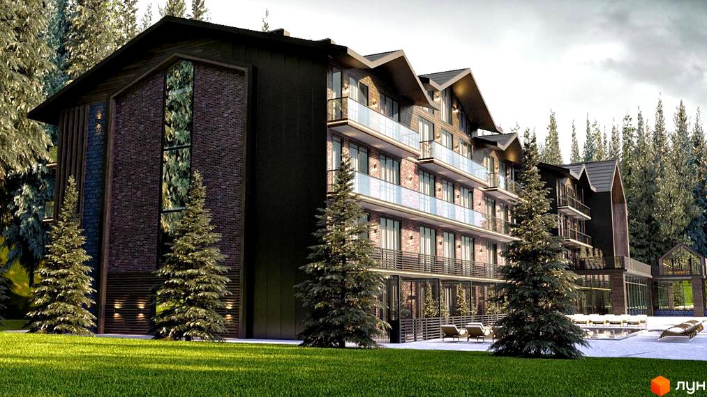 Апарт-комплекс Wood Apartments з цегляним фасадом та скляними балконами, оточений соснами, з басейном та зоною відпочинку.