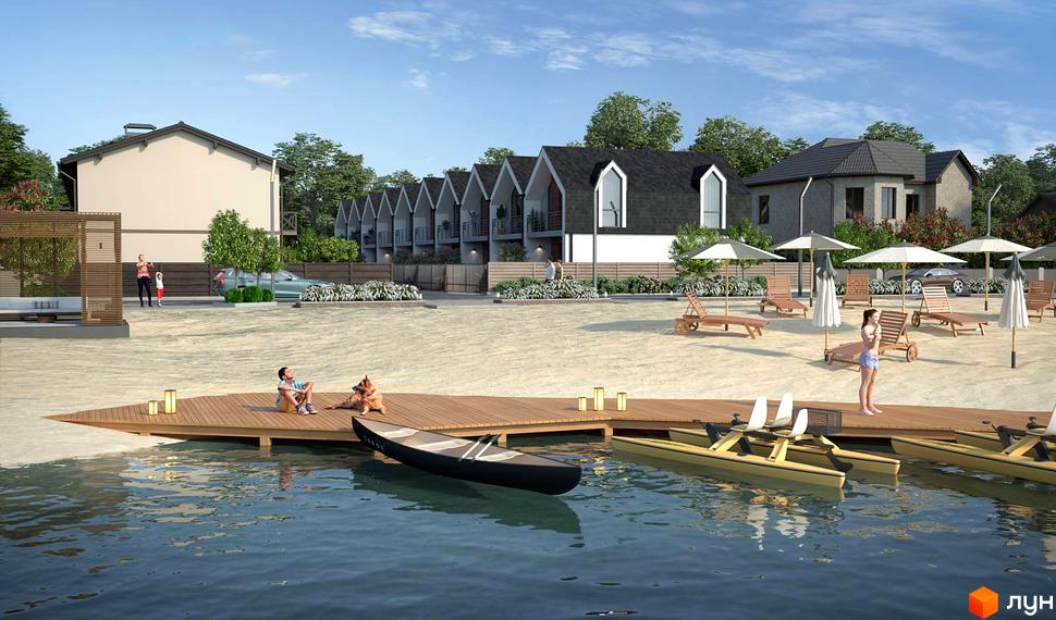 Таунхауси Scandi House 2 на березі річки з дерев'яним пірсом та зонами відпочинку. Сучасна архітектура та мальовнича прибудинкова територія.