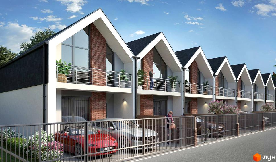 Таунхауси Scandi House 2 з цегляними фасадами та балконами, розташовані біля паркану з автомобілями та квітами.
