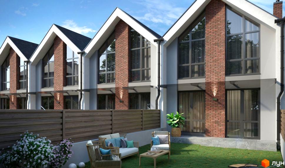 Зовнішній вигляд таунхаусів Scandi House 2 з цегляними фасадами та великими вікнами. Прибудинкова територія з зеленим газоном та зоною відпочинку.