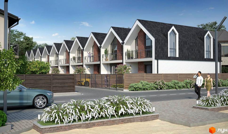 Таунхауси Scandi House 2 з двосхилими дахами та цегляними фасадами, розташовані вздовж вулиці з доглянутою прибудинковою територією та зеленими насадженнями.