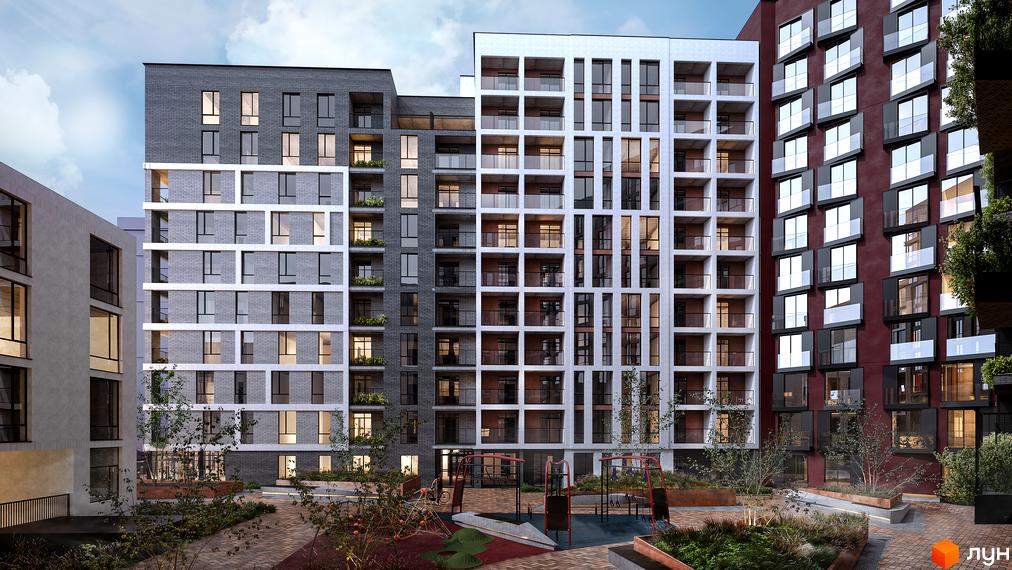 Новобудова Mill Town з цегляним фасадом та балконами, внутрішній двір з дитячим майданчиком та зеленими зонами.