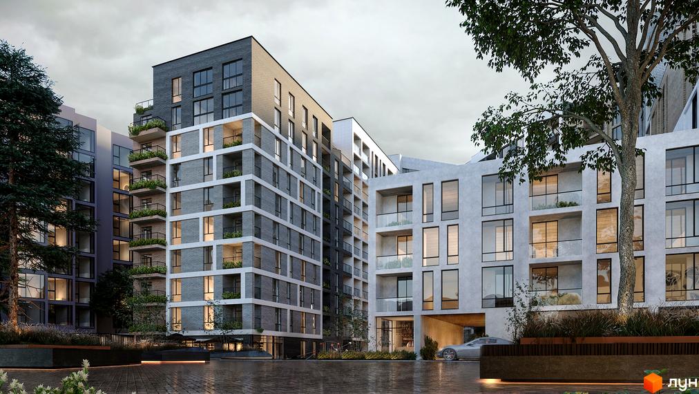 Житловий комплекс Mill Town: фасади будинків з сірої цегли та світлого бетону, балкони з рослинами, брукований двір та зелені насадження.