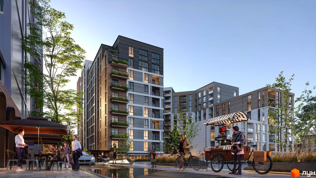 Житловий комплекс Mill Town з багатоповерховими будинками з темно-сірими та світлими фасадами. Прибудинкова територія включає кафе, дерева та пішохідну зону.