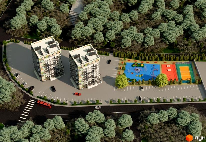 Зовнішній вигляд двоповерхових будинків житлового комплексу на вул. Галицькій, з дитячим майданчиком та спортивною зоною. Огляд новобудови.