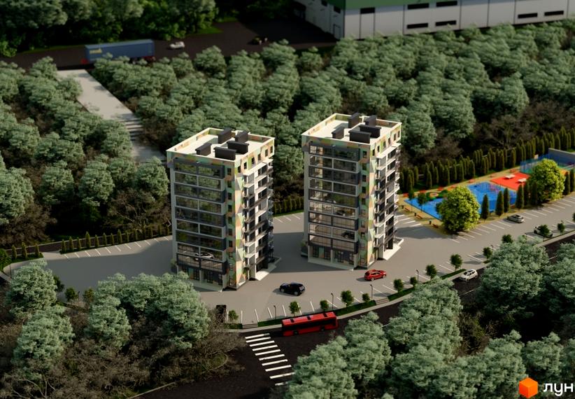 Зовнішній вигляд двоповерхових будинків житлового комплексу на вулиці Галицькій з прибудинковою територією та зоною відпочинку. Комплекс розташований серед зелених насаджень.